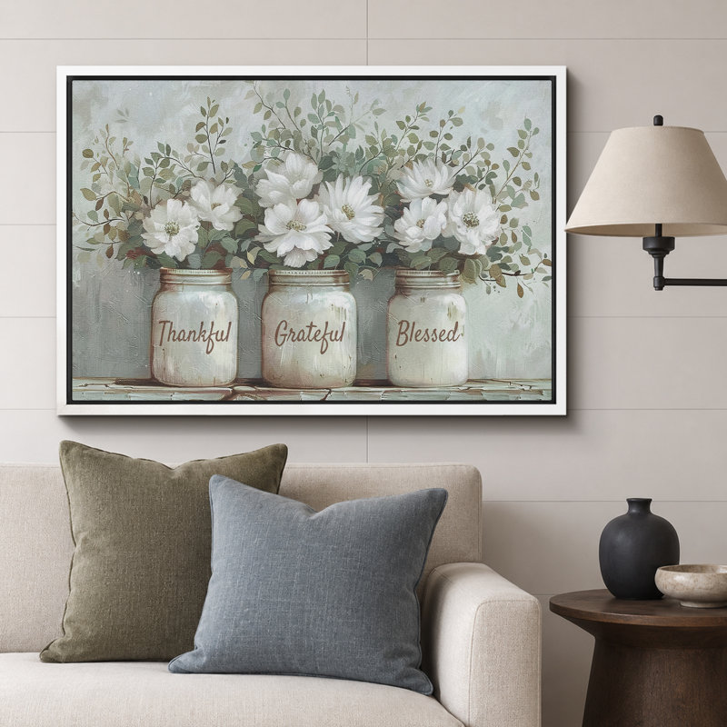 «Thankful Grateful Blessed Inspirational Green Floral Rustic Mason Jar», grande impression sur toile, H 24 po x l 36 po