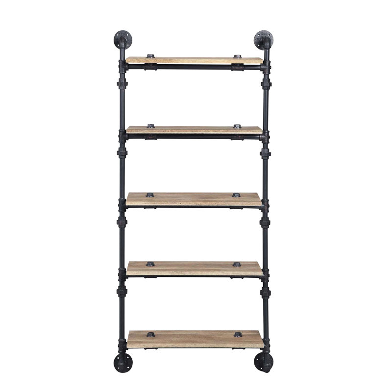 Étagère murale flottante à 5 niveaux, chêne, noir sablé, style tuyau d'eau, montée, décoration de bureau, rangement