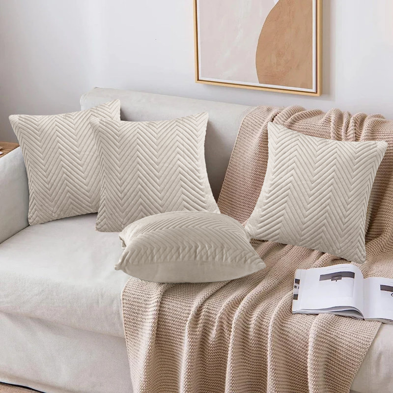 Embossed Velvet Cushion Cover (4 Piece Set), Beige