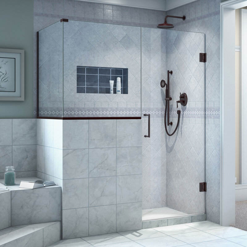 Unidoor Plus 54" W x 36.375" D x 72" H Frameless Pivot Rectangle Shower Enclosure, Oil Rubbed Bronze