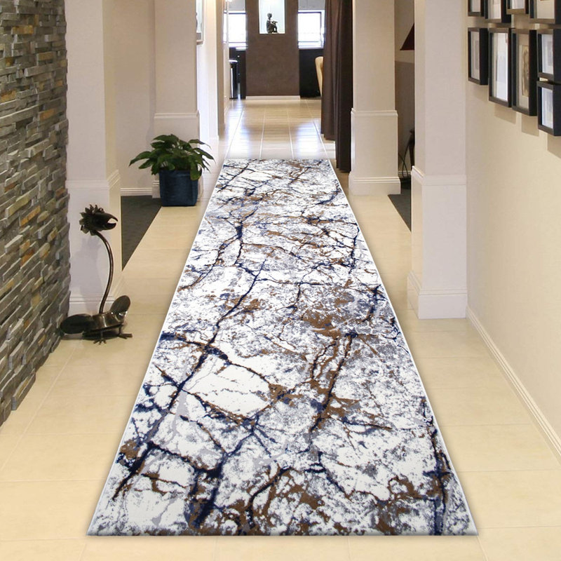 Tapis abstrait bleu / brun / gris, Tapis de couloir 3 pi 11 po x 16 pi 5 po