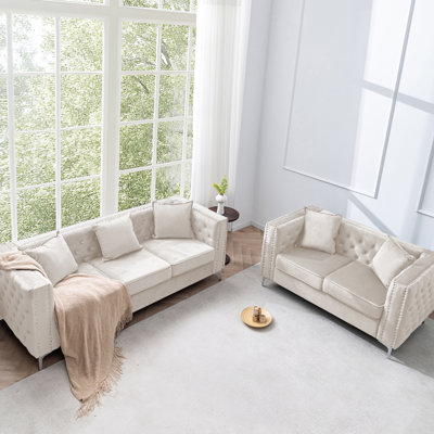 Retro Chesterfield Velvet Sofa Set With Solid Wood Frame -Loveseat & Sofa Living Room Couch Combination by Rosdorf Park