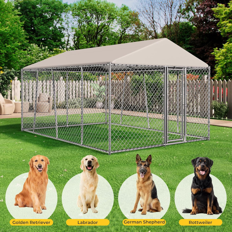Grand chenil d'extérieur 15 pi avec toit, chenil extérieur avec housse imperméable, H 84 po x l 120 po x P 180 po