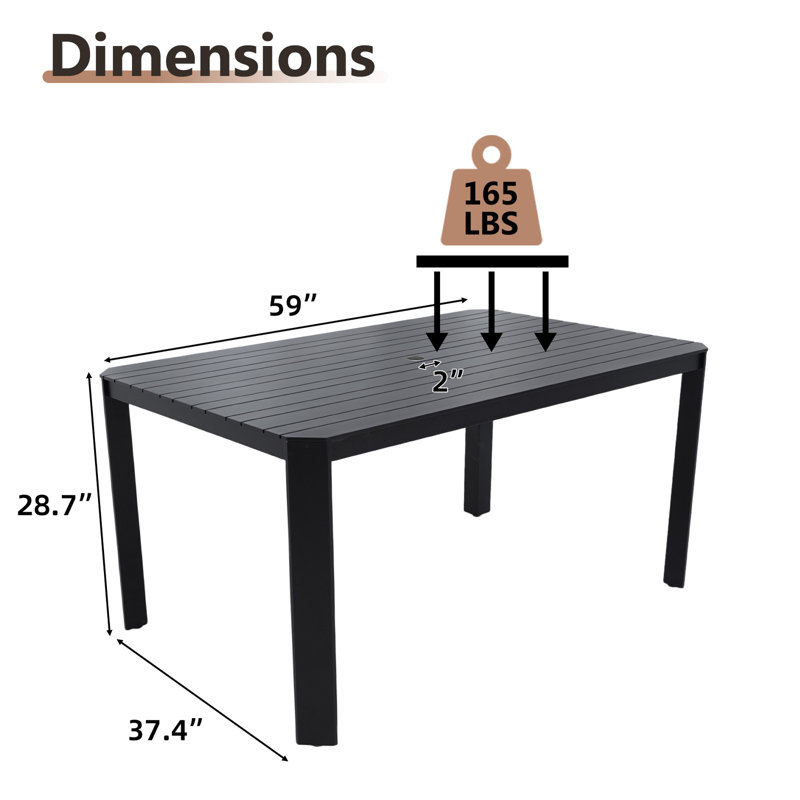 Table de salle à manger d'extérieur 59 po x 37,4 po rectangulaire en aluminium antirouille avec trou pour parasol