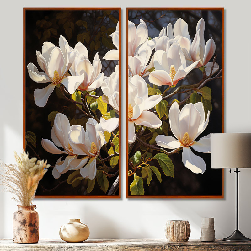 Art mural blanc blanc Magnolias Magnolia - blanc, H 40 po x l 40 po, Reproduction encadrée sans passe-partout, Brun