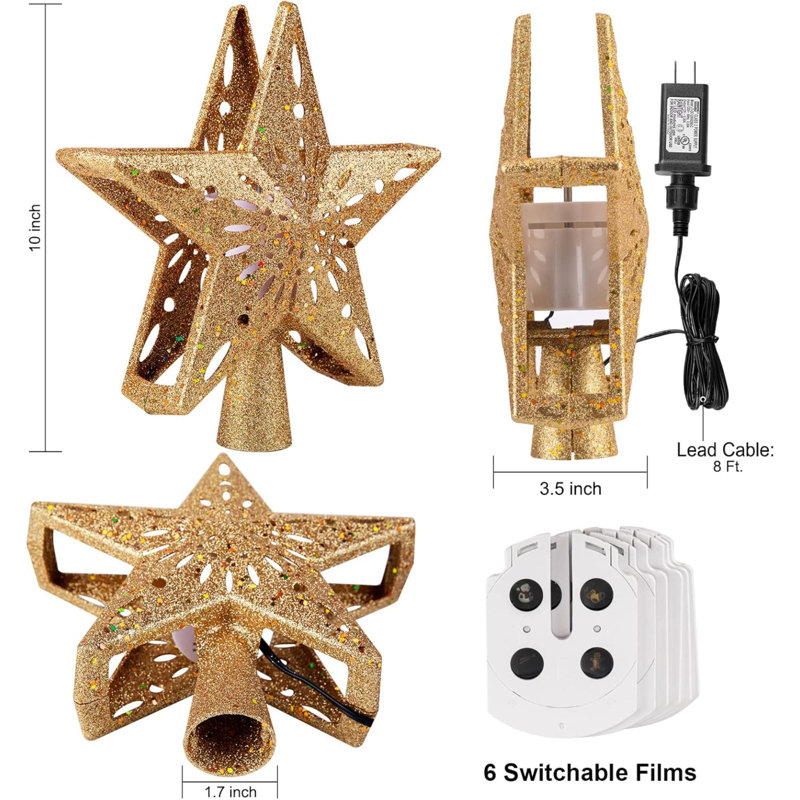 Décoration pour sommet de sapin de Noël éclairé avec 6 modes de projection, décoration pour sommet de sapin étoile de Noël de 9,8 po avec lumières DEL intégrées, sommet de sapin avec paillettes dorées à brancher pour les décorations de Noël