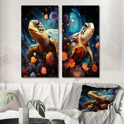 Cosmic Marine Journey - Turtle Metal Art Print Set Of 3
