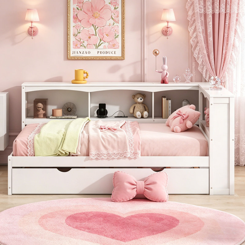Lit de jour simple avec couchette et armoires de rangement | Ports USB inclus, blanc, Blanc
