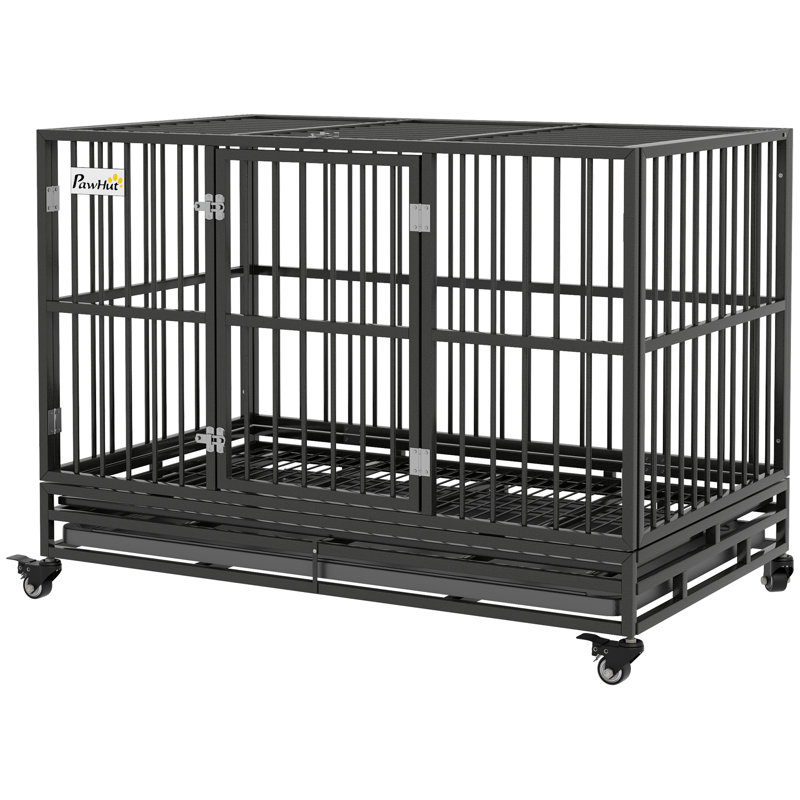 PawHut 48" Heavy Duty Dog Crate Metal Cage Kennel with Lockable Wheels, Double Door and Removable Tray, Grey