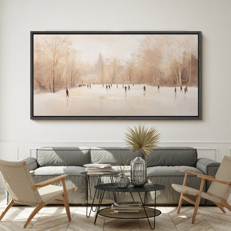 Large Framed Canvas Print Wall Art - Skaters on Frozen Lake Vintage Winter Scene Print for Christmas Holiday Decor, Black
