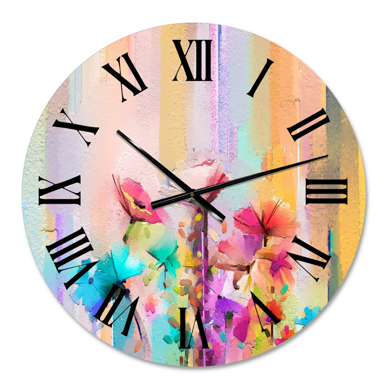 Horloge murale moderne - fleurs peintes pastel jaunes et bleues I, Petit