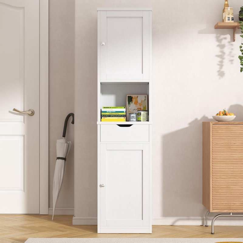 Armoire de rangement pour salle de bain étroite 67 po, 2 portes, 1 tiroir avec tablettes réglables, armoire à linge verticale pour petits espaces