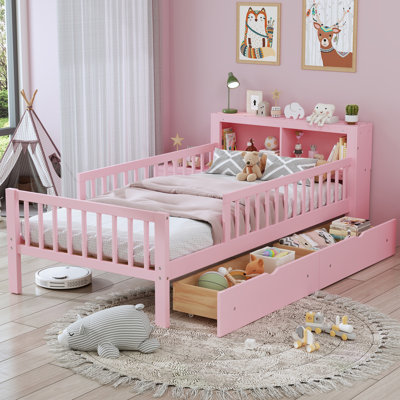 Twin Bed with Headboard Storage, 2 Under-Bed Drawers, and 3-Side Guardrails for Safety,Pink