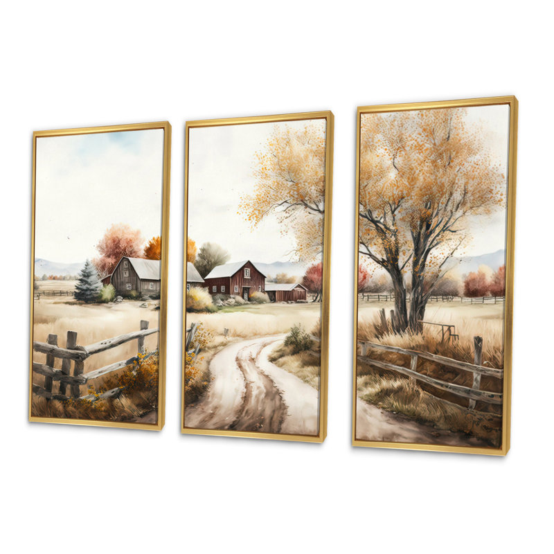 «Beautiful Barn In Spring VI», reproduction sur toile 3 pièces, Cadre flottant doré, H 32 po x l 48 po