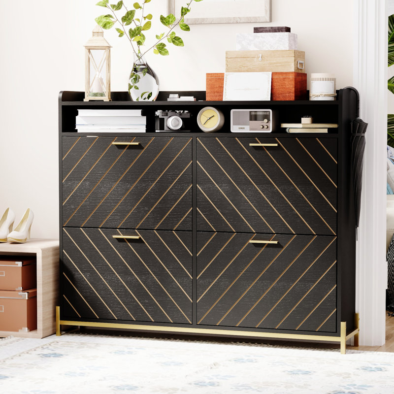 Rangement fonctionnel pour chaussures de couloir - armoire noire à 4 portes rabattables pour le vestibule, le salon, le porche en brun rustique et le couloir