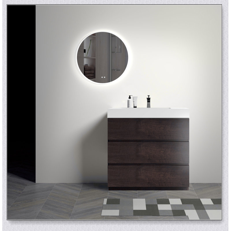 Meuble-lavabo autoportant avec grand lavabo et rangement, Noyer, 36", Blanc