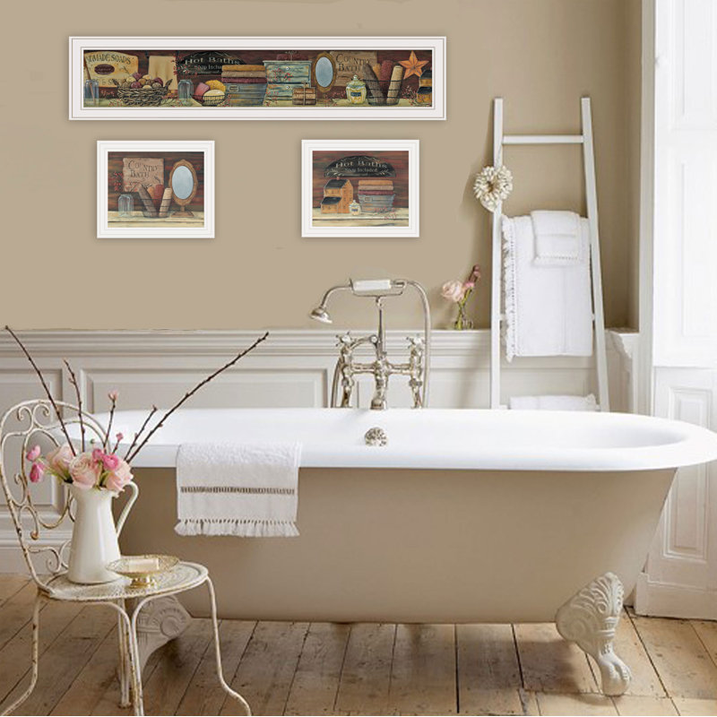 «Country Bath Il», ensemble de 3 pièces encadrées pour la décoration de salon, maison par Pam Britton, Cadre blanc