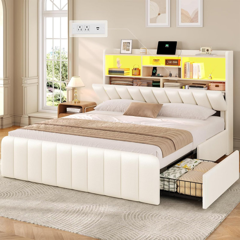 Cadre de lit grand format avec tête de lit style bibliothèque, rangement dissimulé intégré et 4 grands tiroirs, lumières DEL et station de recharge, lattes de lit robustes, aucun matelas à ressorts requis, blanc cassé.