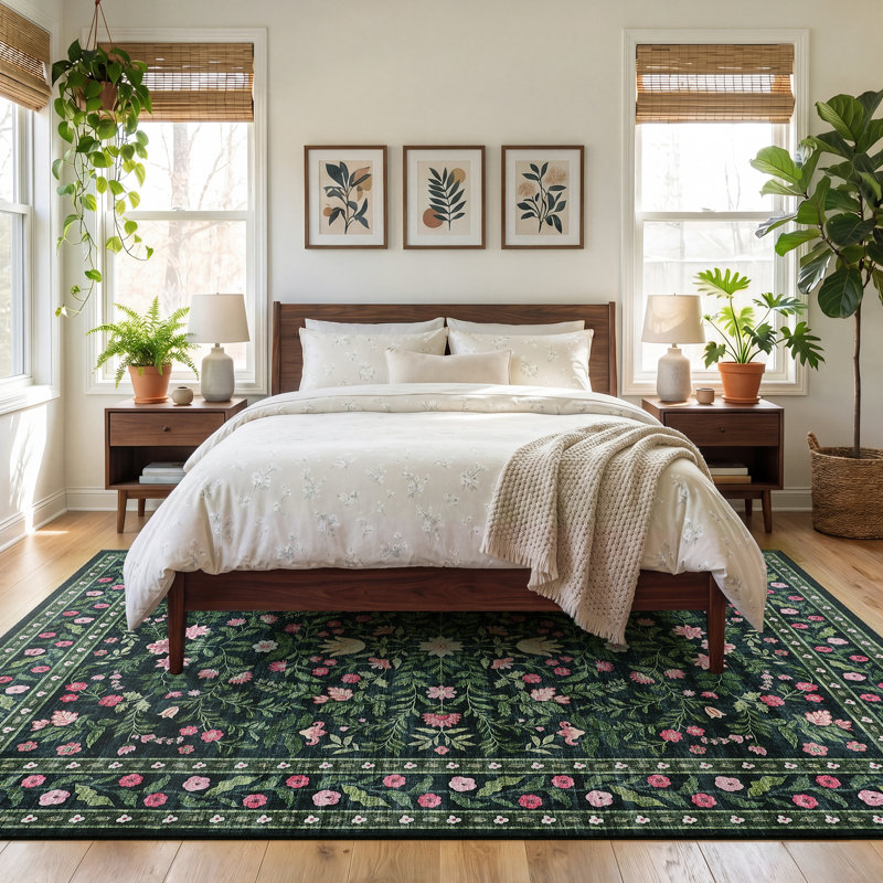 Area Rug 9x12 for Living Room Washable Floral Rug Non Slip Carpet for Living Room Bedroom Dining Room Dark Green, Green