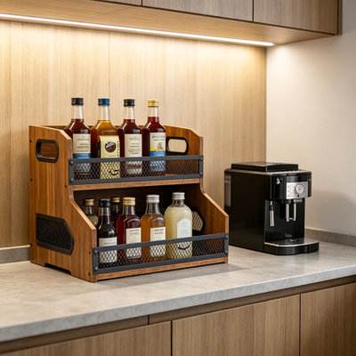 Étagère pour bouteilles de boissons alcoolisées, organisateur de support à sirop de café, support à vin à deux niveaux pour le comptoir avec clôtures et poignées, support de bar rétro pour whisky et condiments de cuisine