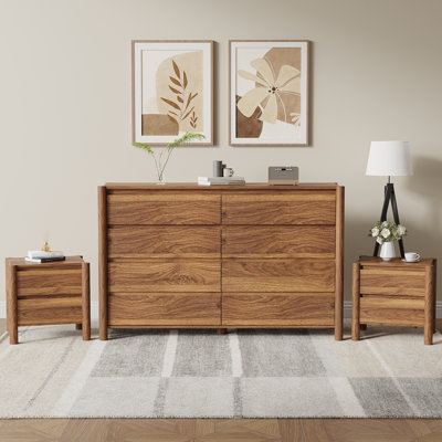 3 Piece Bedroom Set，8-drawer Dresser And 2 Nightstands, Brown