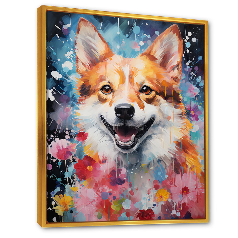 Popart Shiba Inu Spirit IV sur impression sur toile, Cadre flottant doré, H 40 po x l 30 po x P 1,5 po