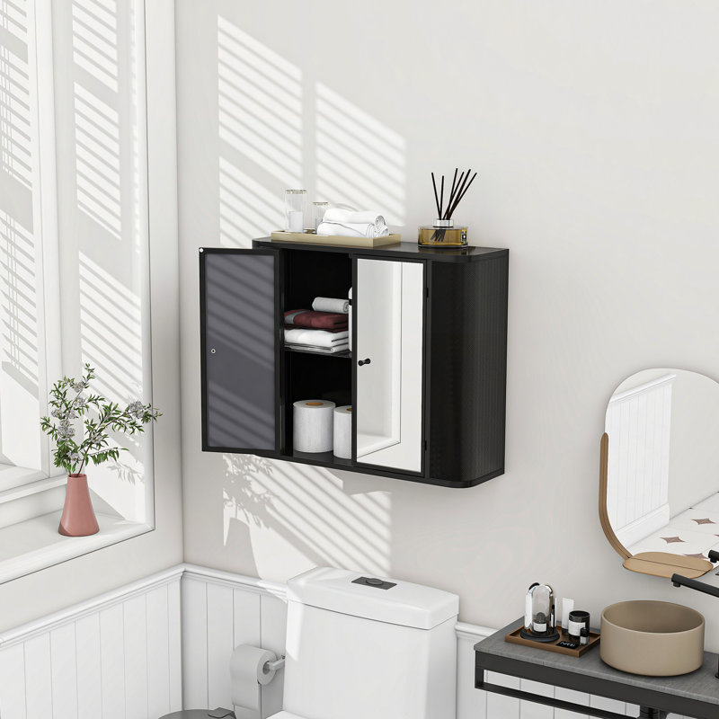 Armoire de salle de bain murale noire avec miroir, 2 portes en miroir et tablette ouverte, armoire de rangement en métal de style campagnard avec compartiment ouvert pour meuble-lavabo, toilette et évier