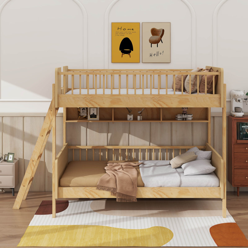 Twin Size Bunk Bed With Shelves,Ladder Can Be Changed Left Or Right, Natural