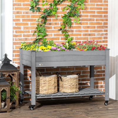 Jardinière surélevée avec roulettes, 47 po x 22 po x 33 po, gris foncé - étagère de rangement surélevée en bois et doublure pour lit de jardin et de patio, 47 po x 22 po x 33 po, tablette verrouillable, drainage