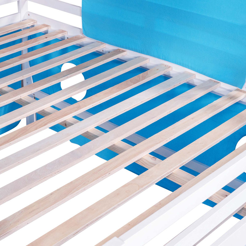 Lit superposé en bois avec glissoire, tente et tour, Double, Bleu