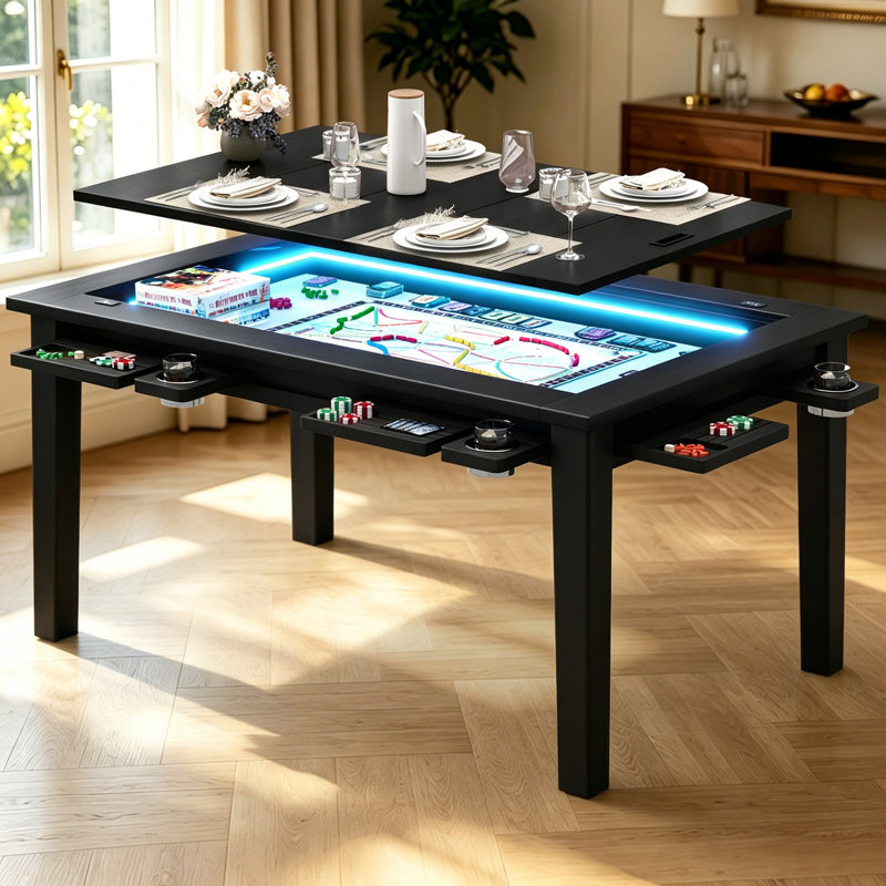 Table de jeu en bois avec lumière à DEL pour 4 à 6 personnes, table de jeu avec tapis de jeu, 6 porte-gobelets et plateaux de loisirs, table de salle à manger avec plateau amovible