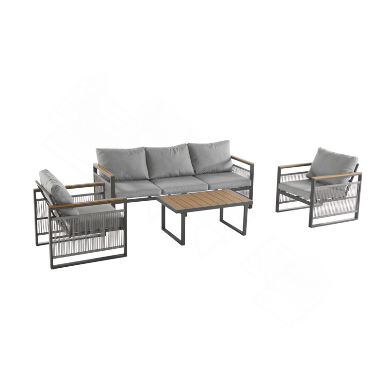Ensemble de mobilier d'extérieur en métal 4 pièces, canapé d'extérieur 5 places avec coussin, mobilier d'extérieur moderne pour terrasse, jardin, balcon, gris et naturel