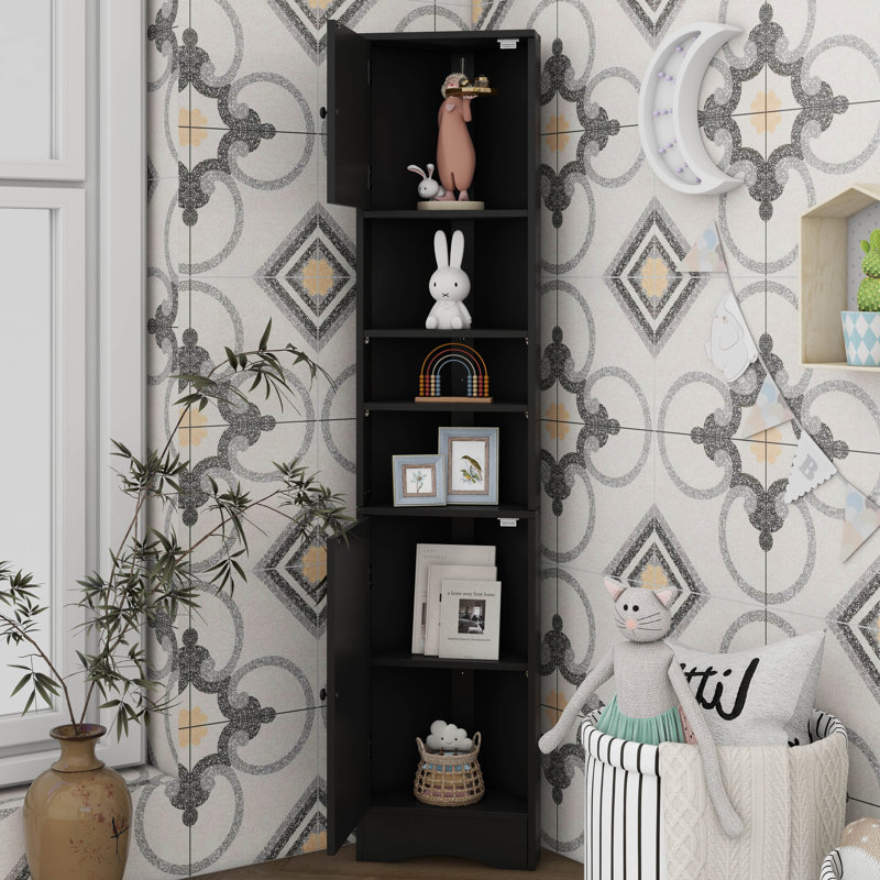 Grande armoire de coin de salle de bain avec 2 portes, armoire de rangement mince autoportante avec 3 tablettes réglables pour la salle de bain