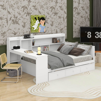 Full Size Wooden Daybed With Drawers, USB Ports And Desk
