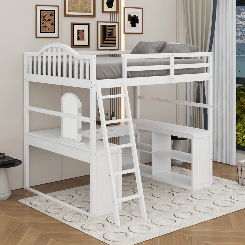 Lit mezzanine double en bois avec bureau