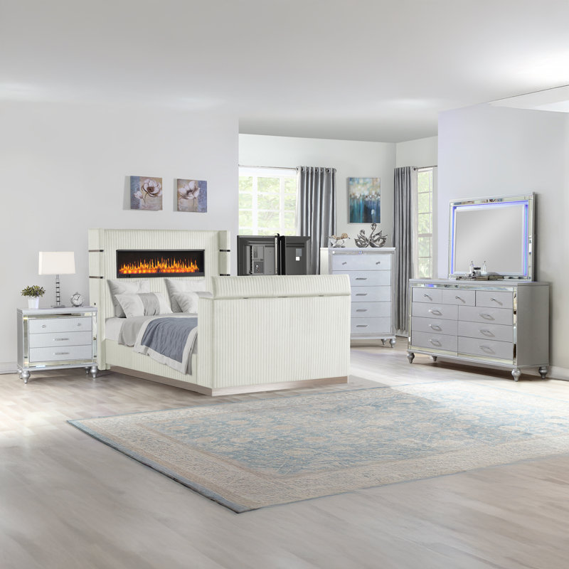 Ensemble de chambre à coucher tapissier Limann, Beige, 5 pcs: Bed, Nightstand, Dresser, Mirror, Chest, Grand lit