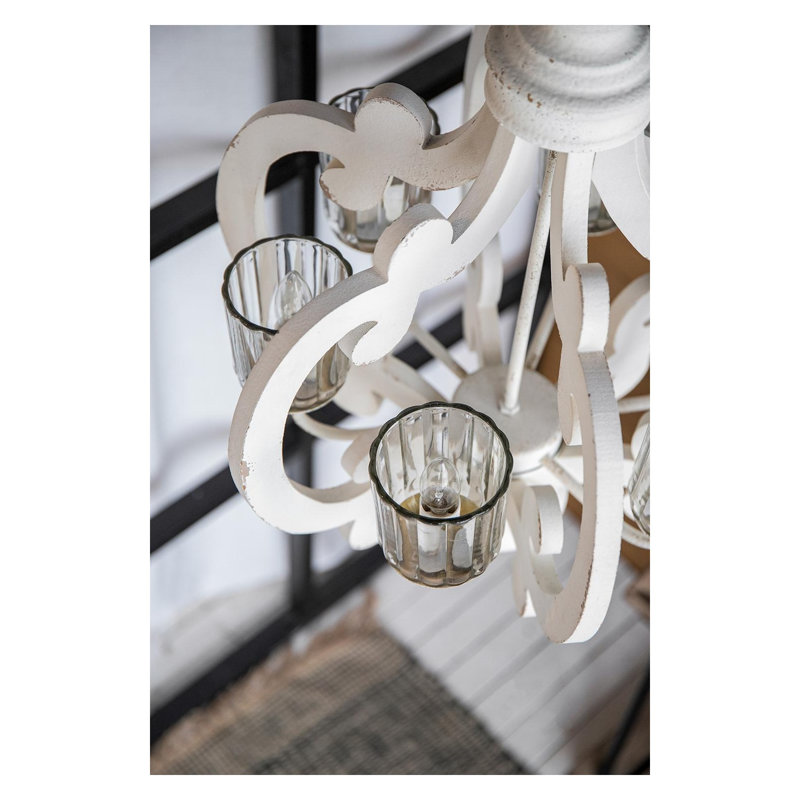 Lustre 6 lumières en bois aggloméré blanc antique sculpté avec abat-jour en verre transparent