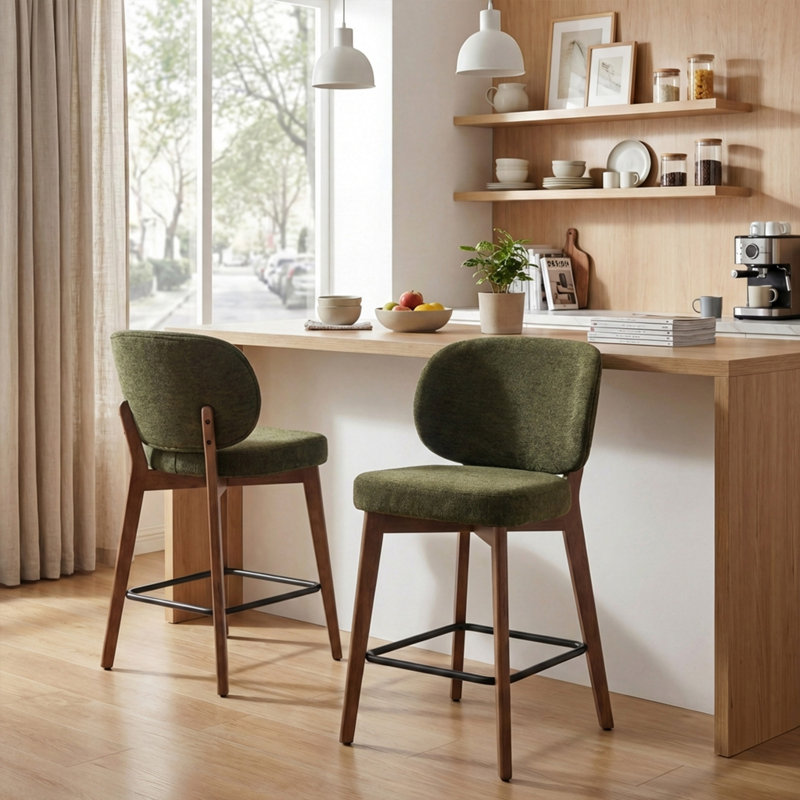 Tabouret de bar Mid-Century, tabouret de bar rembourré en tissu avec dossier à oreilles, tabouret de bar à hauteur de comptoir sans accoudoirs avec pieds en bois, repose-pieds en métal, pour îlot de cuisine, vert, ensemble de 2