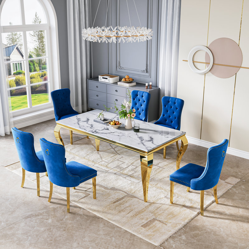 7-Piece Rectangular Marble Dining Set, Modern 70" Faux Marble Table With Velvet Tufted Nailhead Chairs, Blue/Gold, Gold