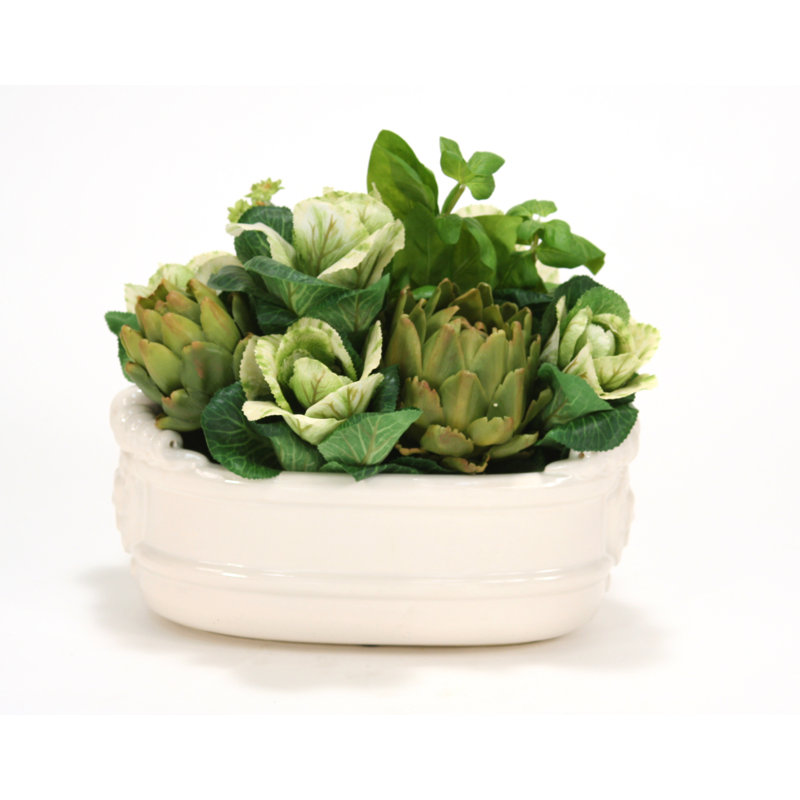 Kale, artichauts et plante de bureau basil en pot