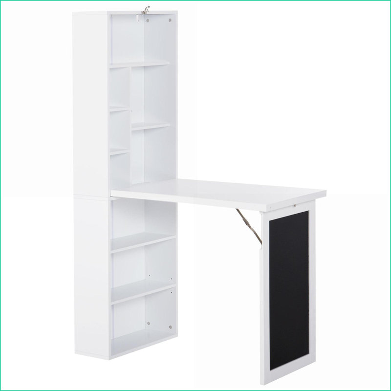 Desks | 38.5” W Fold-Out Convertible Wall Mount Desk with Blackboard &amp; Shelf, Multi-Function Home Office Workstation | White | Particle Board
