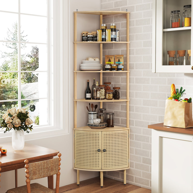 Bibliothèque d'angle, étagère de rangement à 5 niveaux avec armoire, Naturel