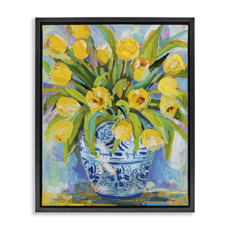 Tulipes jaunes expressives dans un vase, Cadre flottant noir de jais, H 21 po x l 17 po