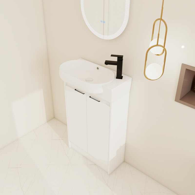 23" Freestanding Single Bathroom Vanity with Ceramic Top，Floor Standing Vanity with 2 Soft Close Doors and 1 Adjustable Shelf