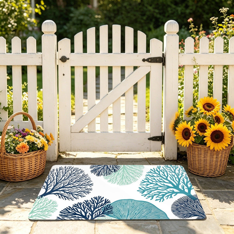 White Background Teal Blue Coral Silhouette Doormat 24 x 36 inch for Outdoor and Indoor