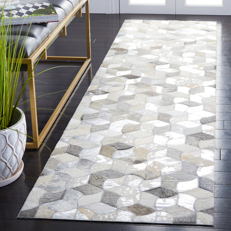 Krishan Flat Weave Hair On Leather Geometric Rug, Runner 2'3" x 9'