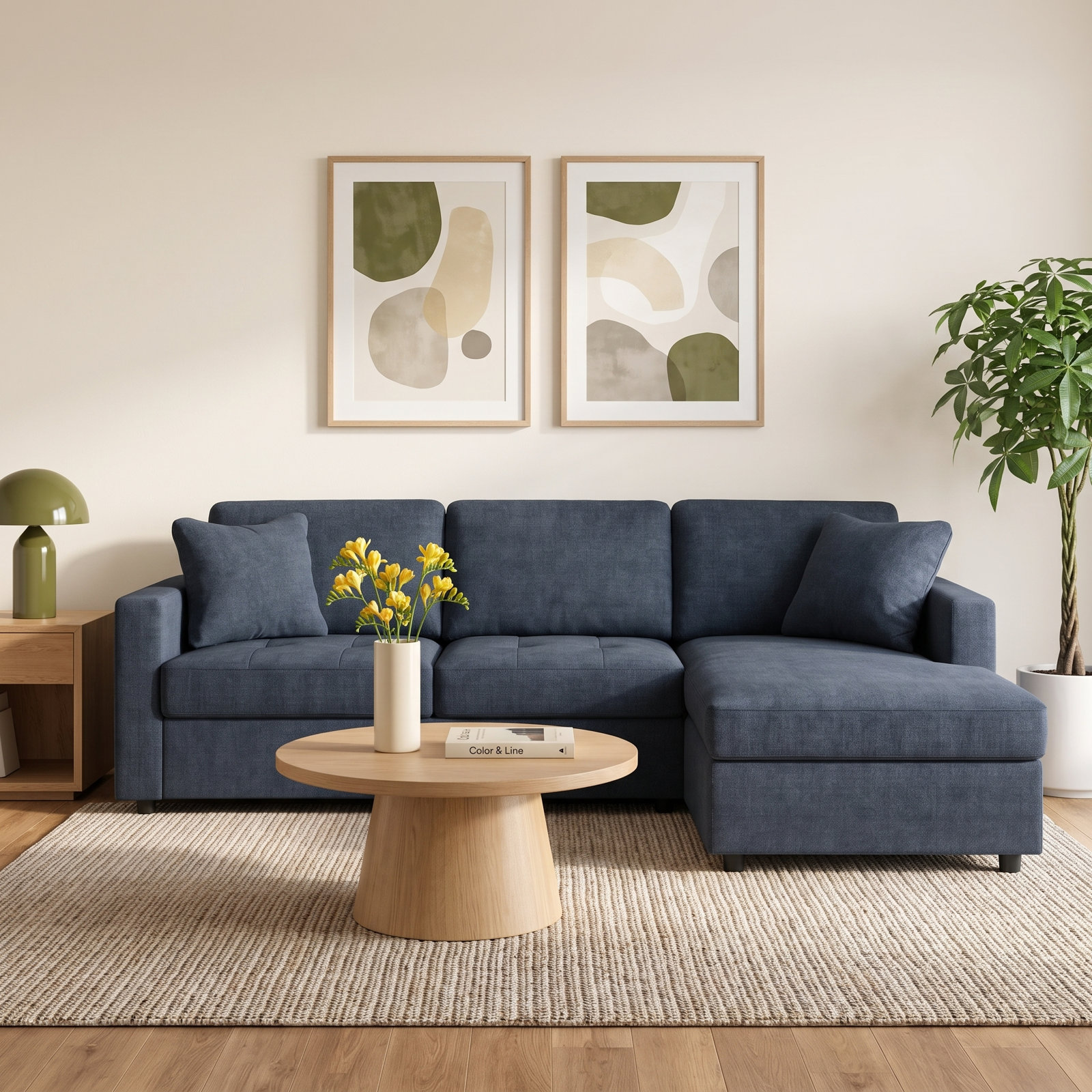 Modular Sectional, 36" H x 109" W x 68"D, Right Hand Facing, Blue Polyester