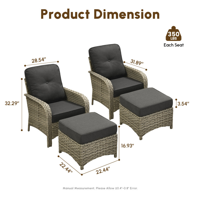 2-Person Outdoor Seating Group With Cushions And Ottomans,  All-Weather Wicker Patio Set, Black