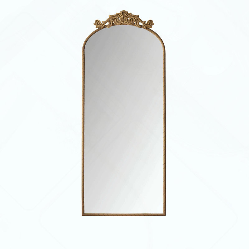 Arched Full Body Mirror with Vintage Ornate Carved Applique on Top, Bronze