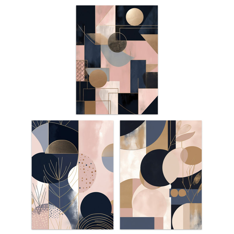 Abstract Geometric Soft Pastel Pink Gold Blue - 3 Piece No Frame Print Set, 40.5cm H x 30.5cm W x 0.3cm D